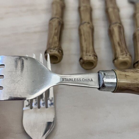 Vintage Faux Bamboo Stainless Steel Flatware 2 Dinner Forks + 4 Knives - Picture 7 of 9